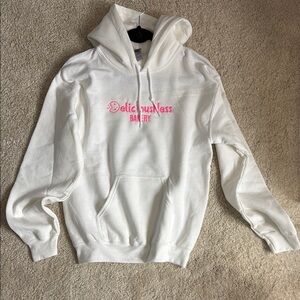 White Hoodie with Pink Deliciousness Bakery Logo